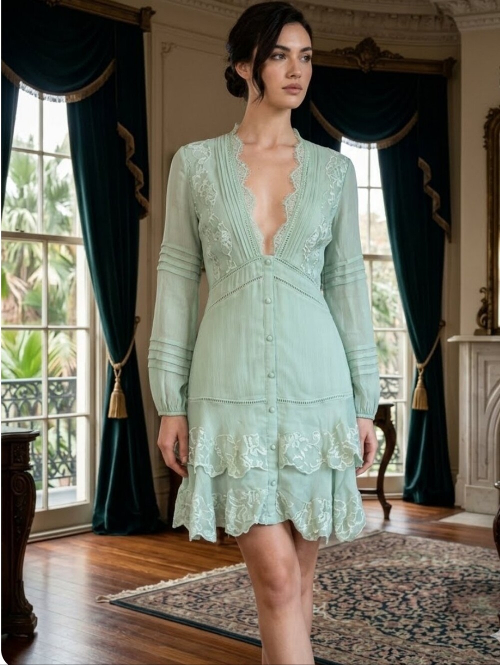 ASOS Vintage-Inspired Light Green Lace Tiered Dress size 4 New